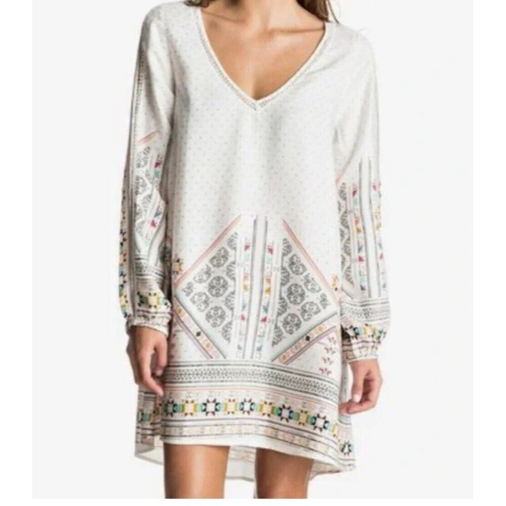 Roxy April Morning Boho Hippie Long Sleeve Dress Sz Small Cream Southwest Style
